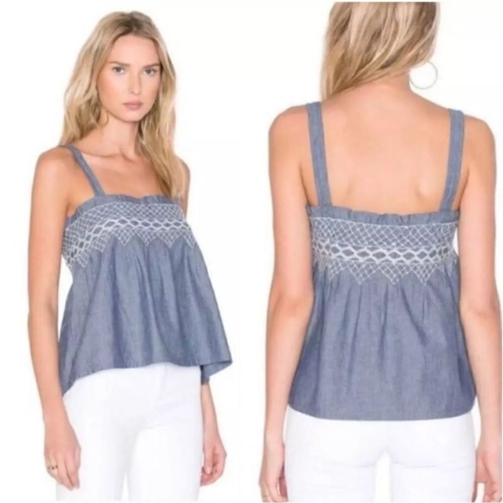 NWOT Current/Elliot EmbroideredβSmocked Chambray Tank Top. Size 1=Small